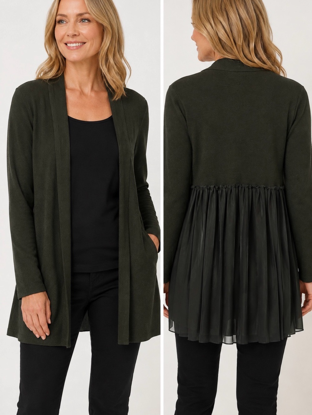 Olive Green Women's Open-Front Cardigan with Chiffon Back Panel